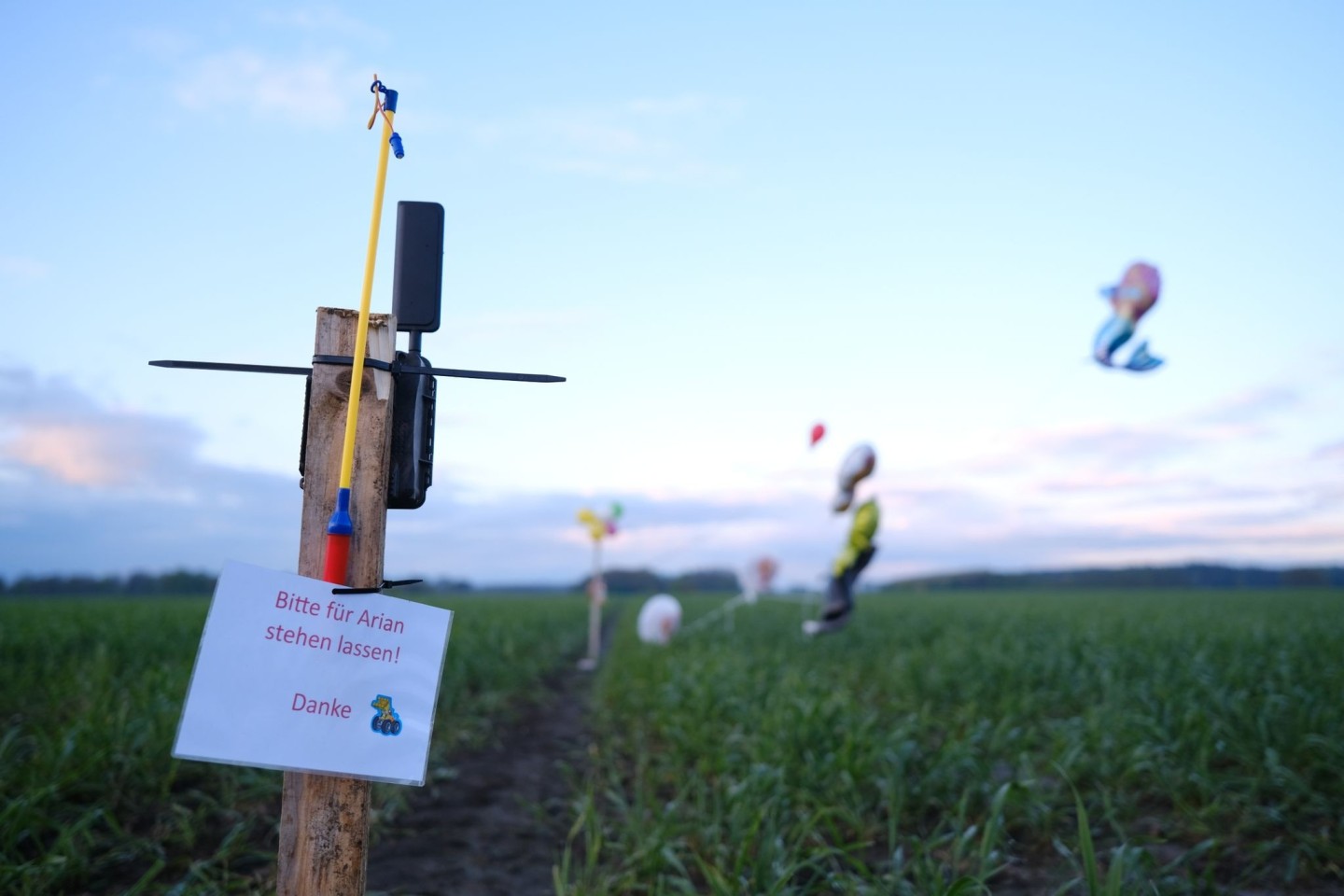 Ballons, Süßigkeiten und eine Wildkamera stehen auf einem Feld bei Bremervörde. Von dem vermissten sechs Jahre alten Jungen aus dem niedersächsischen Bremervörde fehlt noch immer jede S...